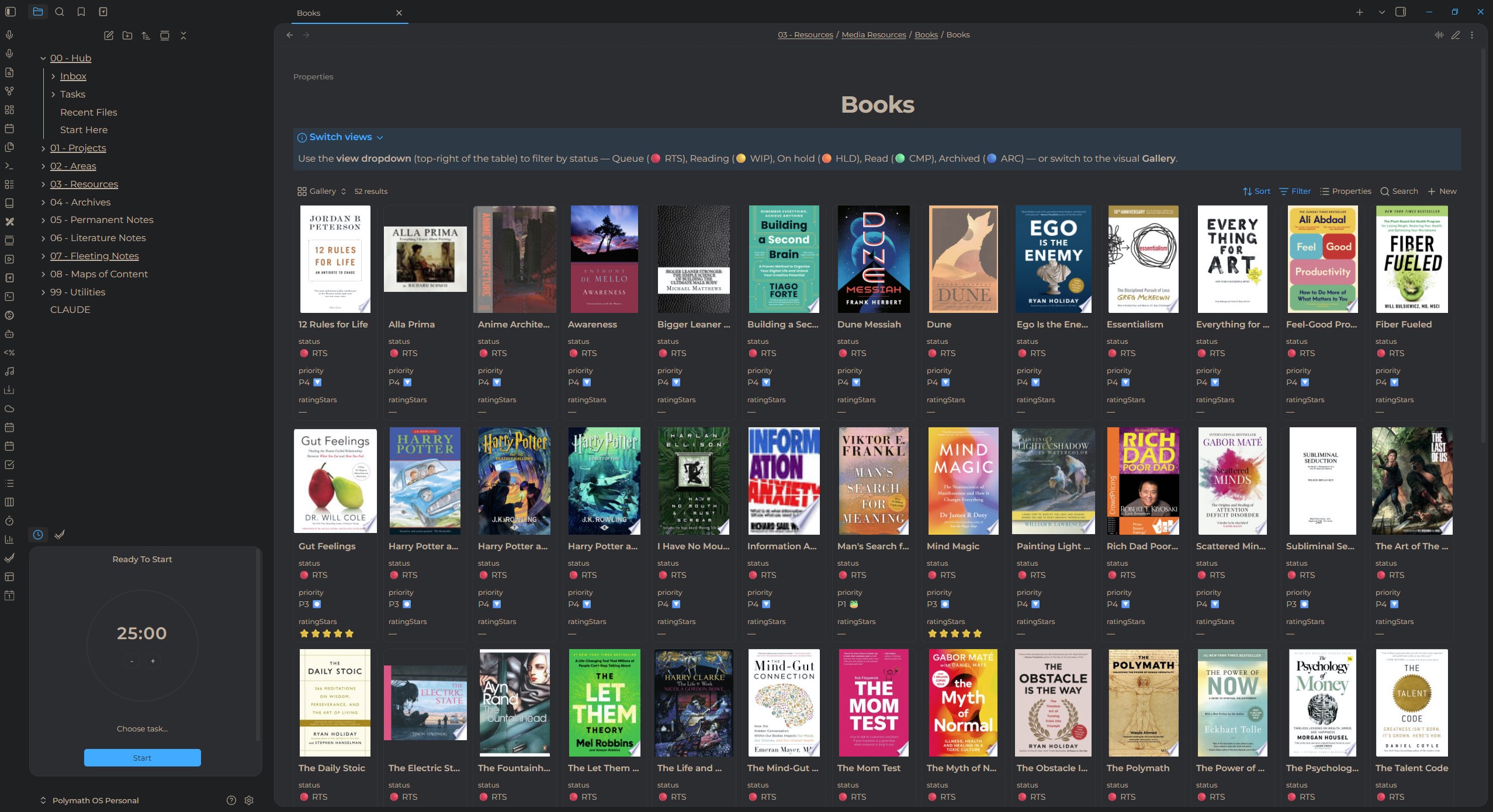 Books dashboard — Reading, To Read, Read with covers and metadata