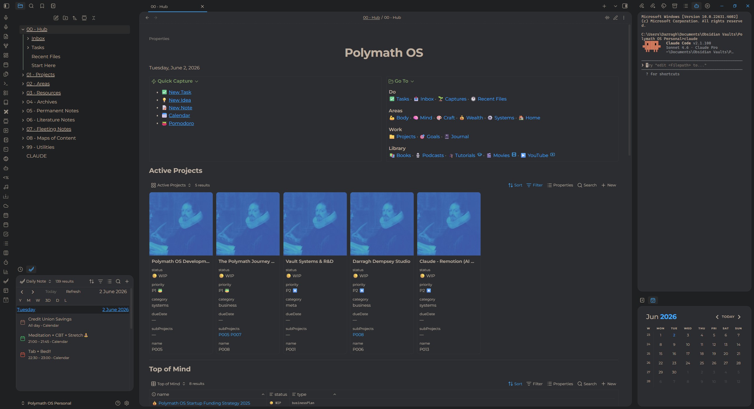 Polymath OS Hub — projects, capture, dashboards, mood and habits charts at a glance