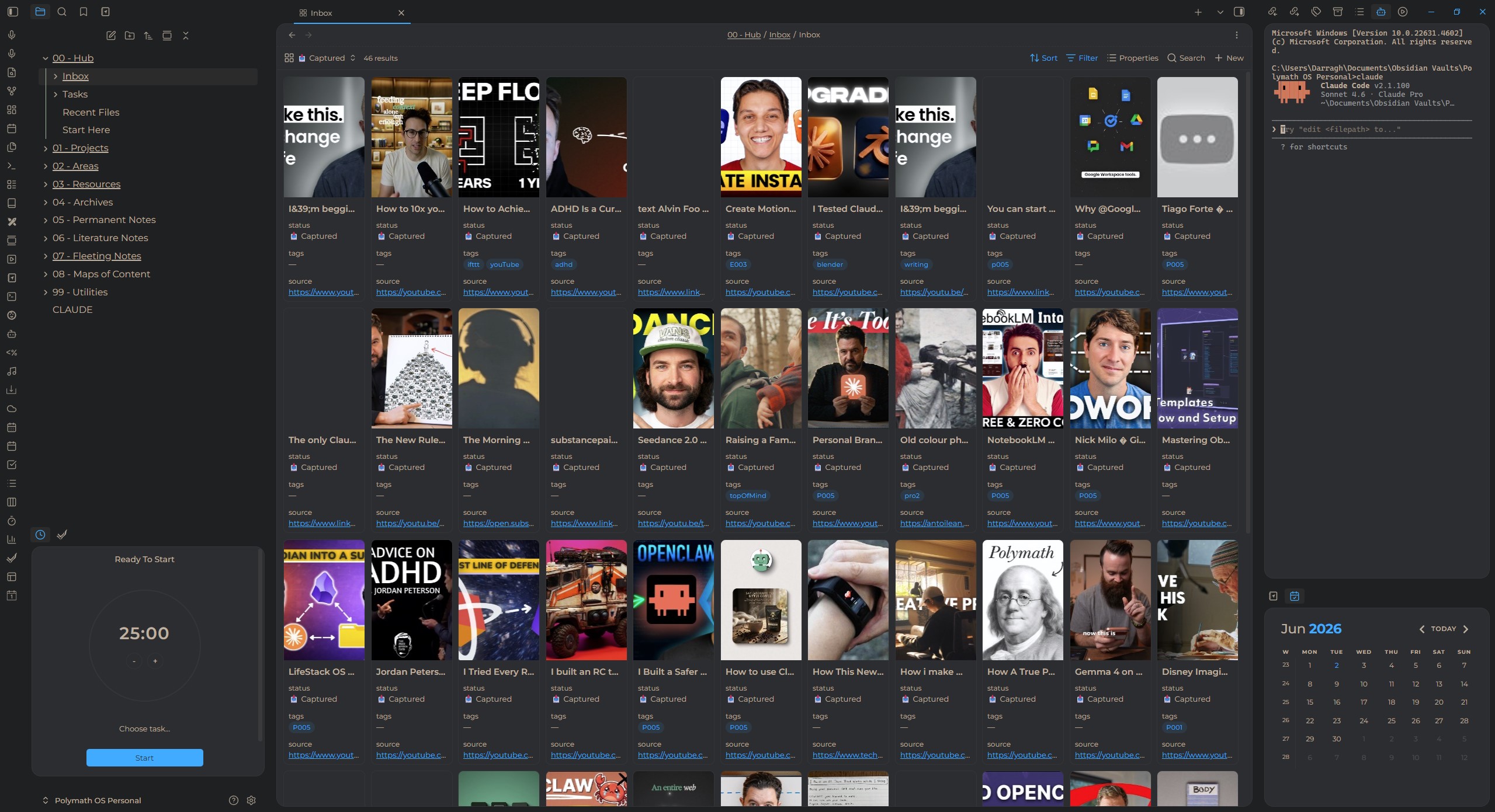 Inbox — web captures with thumbnails; Captured → Processing → Done flow