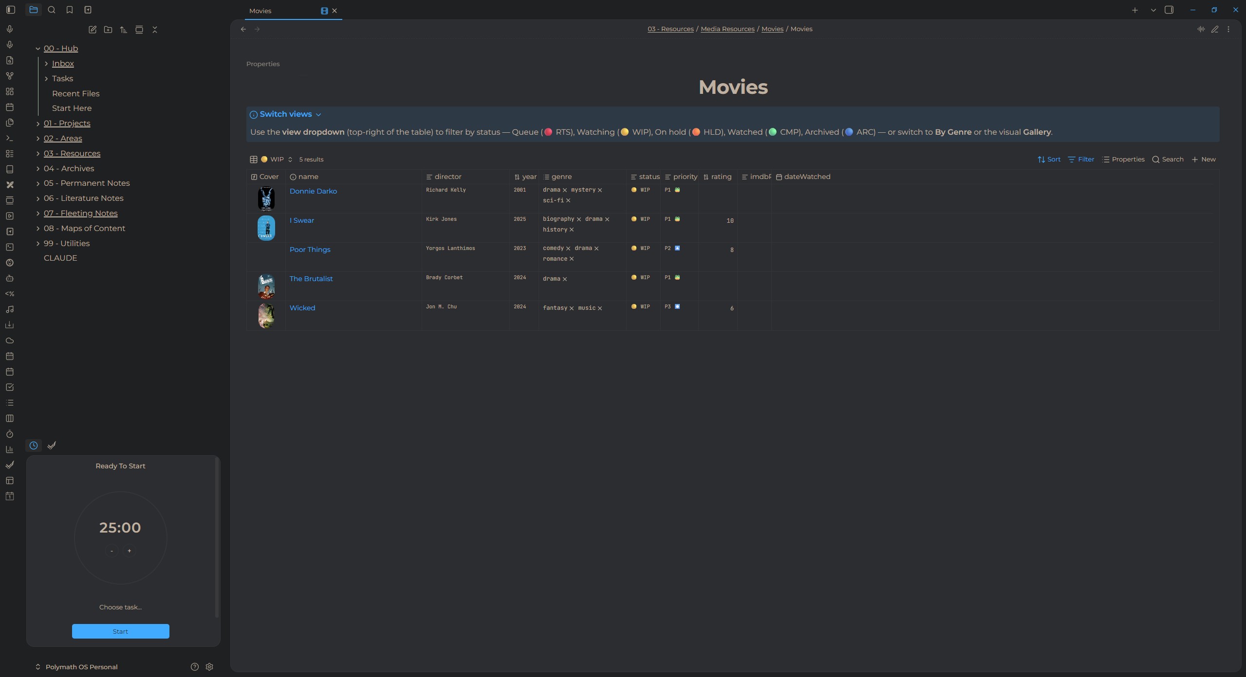 Movies dashboard — Watching and Queue with posters